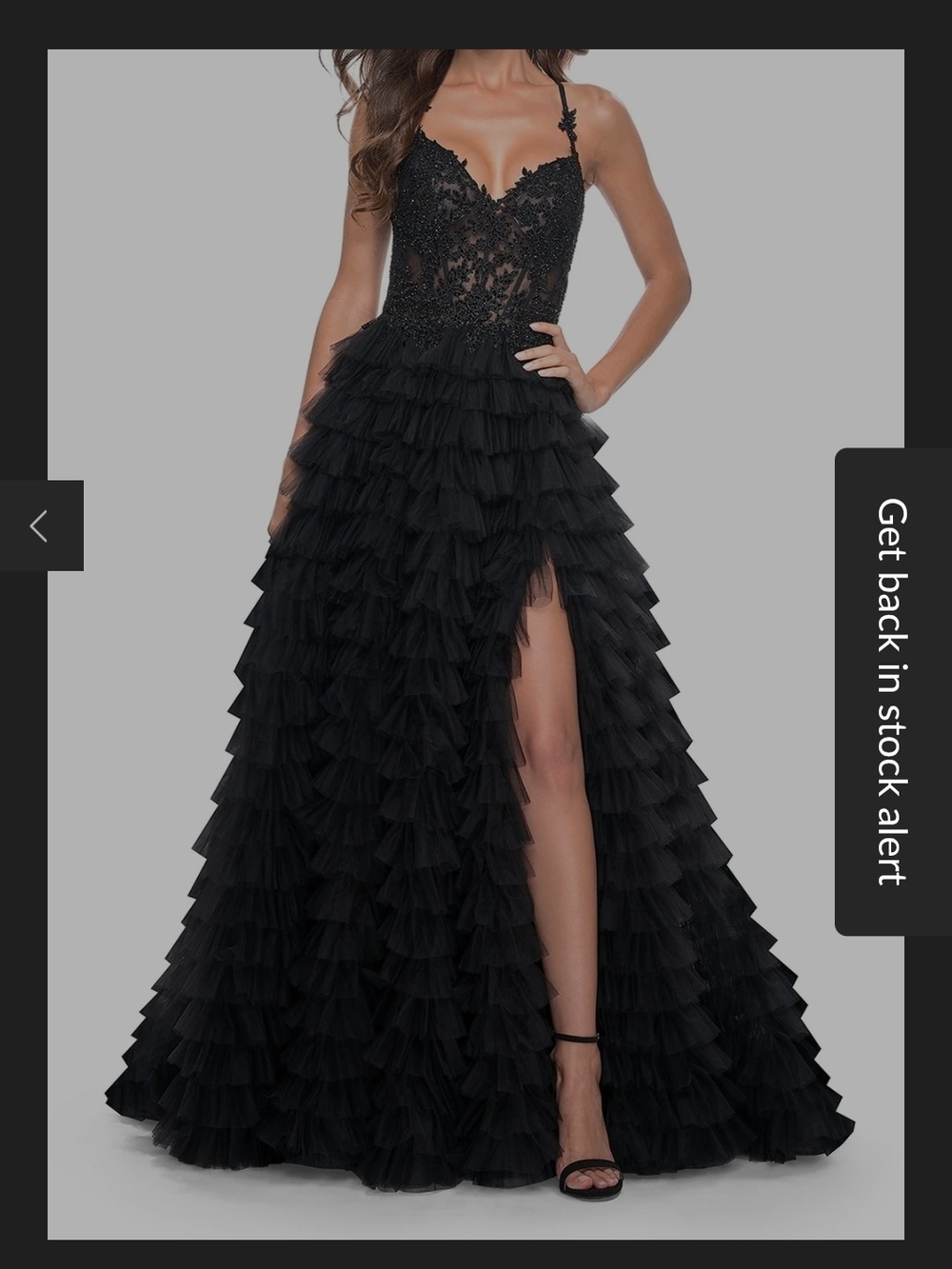 La Femme Black Ruffled Tiered Prom Gown with Lace Bodice